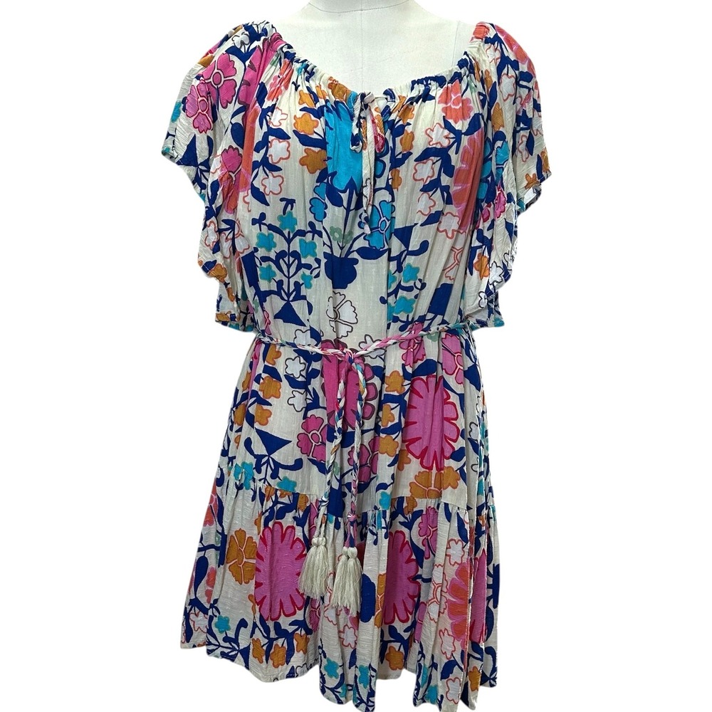 Rachel Roy Dress Womens XL Multicolor Floral Boho Tiered Tassel Belted